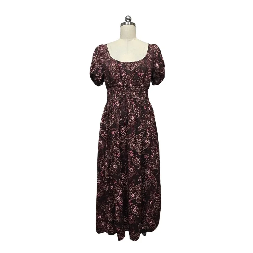 Abercrombie & Fitch Womens Large Paisley Floral Smocked Maxi Dress Burgundy Boho